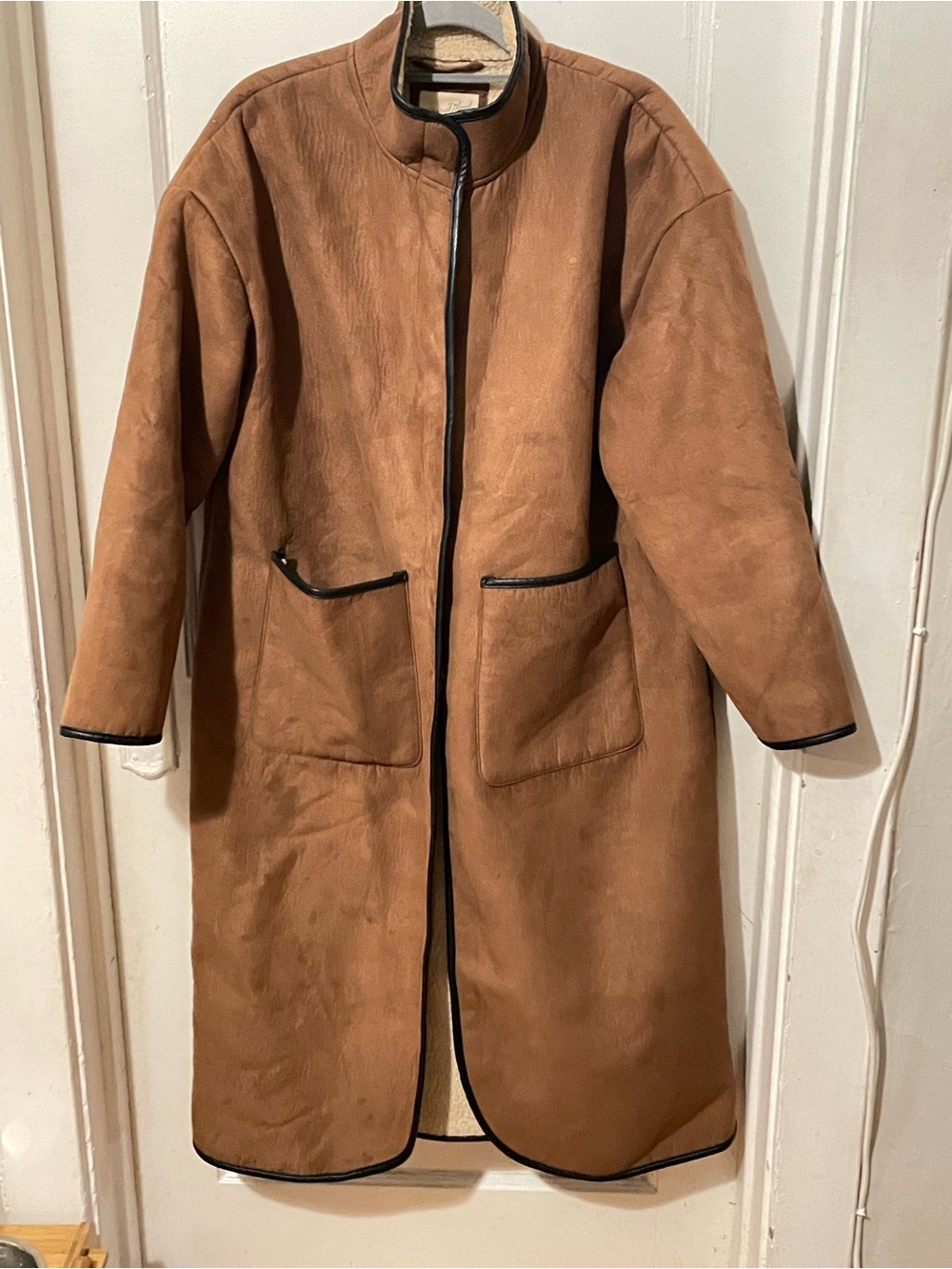 Universal Thread Tan Suede-Look Long Trench Coat with Black Trim
